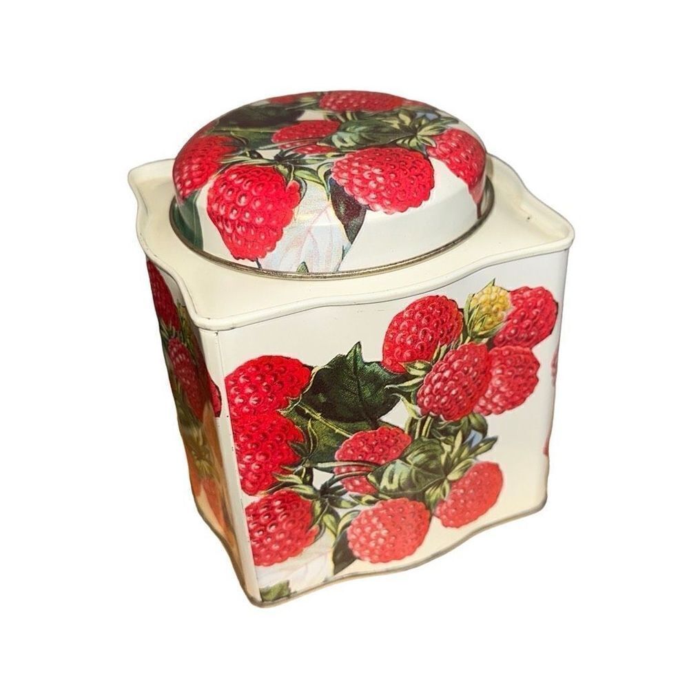 Vintage Dept 56 Decorative Tin Square Raspberry White cream With Red Berries.